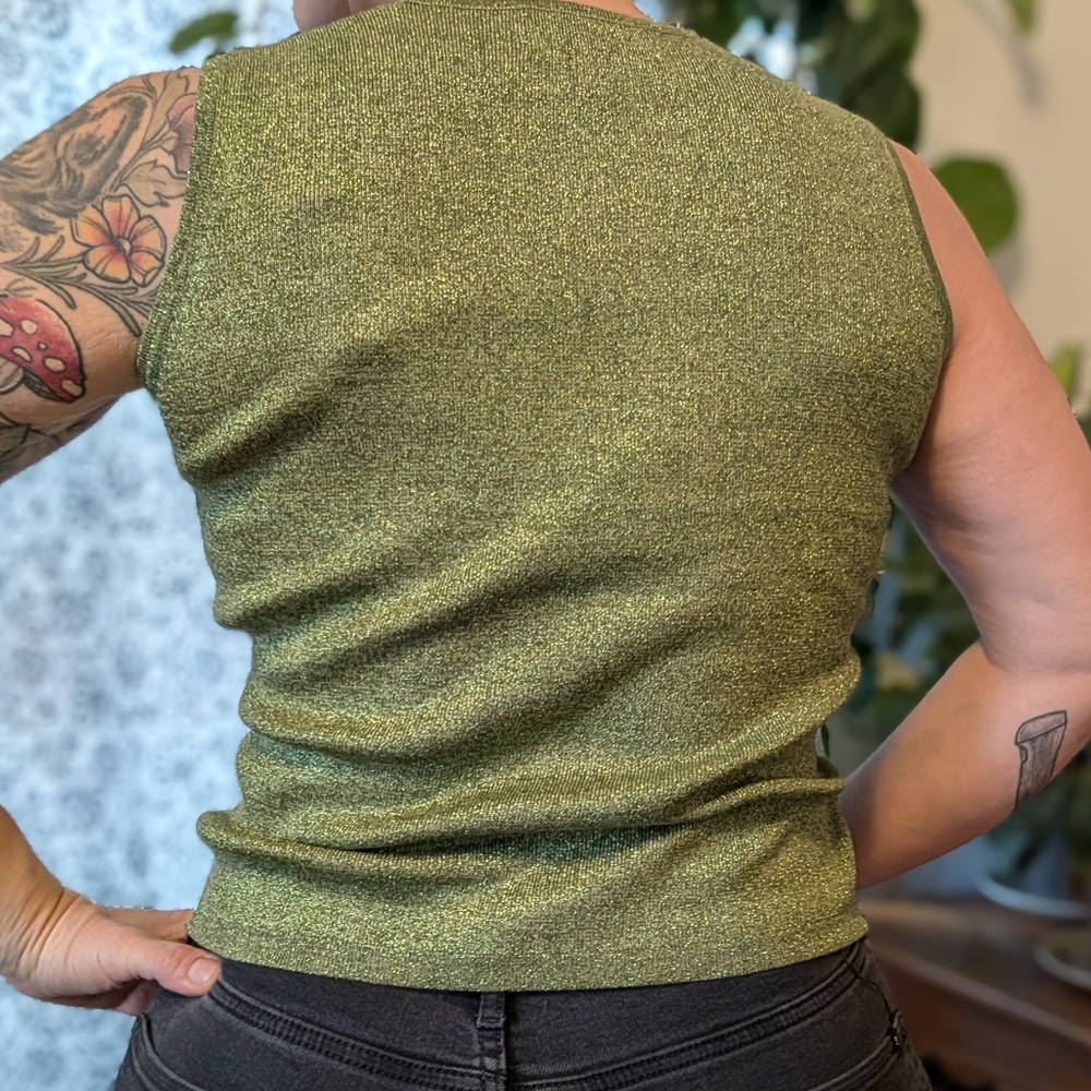 SHIMMERSTRAVAGANZA 90s Vintage Silk Metallic Green Sweater Tank - XL - Picture 4 of 4